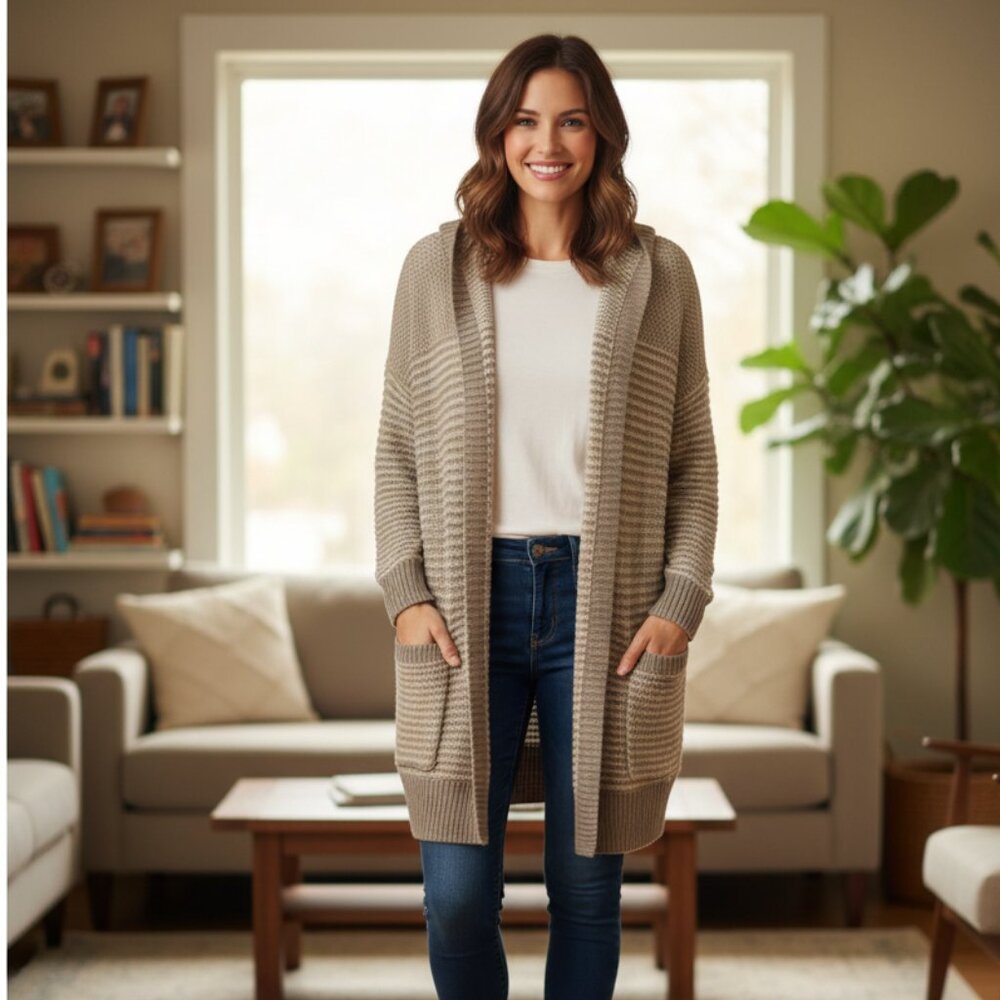 Sonoma Women Size XL 100% Cotton Striped Neutral Knit Open Cardigan with Hoodie